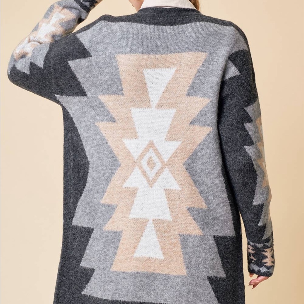New Aztec Western Print Grey Long Cardigan Sweater Coat Western Cowichan - Picture 4 of 8